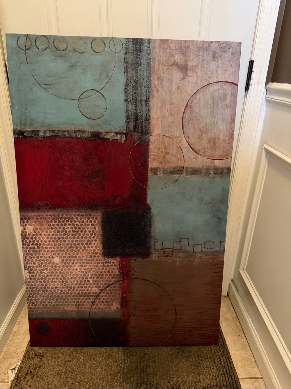 Abstract Geometric Wall Art in Red, Teal, and Brown